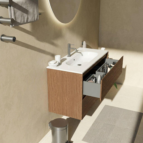Saniclass Holz Pure Badkamermeubelset - 100x45x73.9cm - Chaci keramische wastafel wit - 1 wasbak - 1 kraangat - 2 lades - mat walnut pure (hout) SW1478246