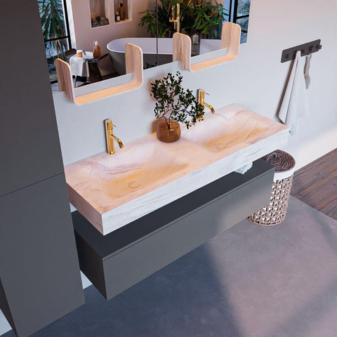 Mondiaz ALAN-DLUX Ensemble de meuble - 130cm - meuble Plata mat - 1 tiroir - Lavabo Cloud Ostra suspendu - vasque gauche et droite - 2 trous de robinet SW807938