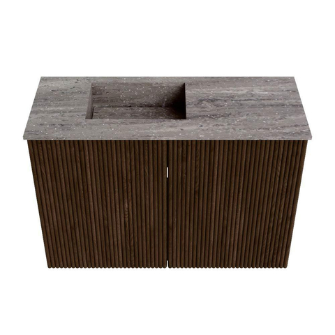 Mondiaz JOYA-DLUX 60cm toiletmeubel - kleur Walnut - Wastafel FAYE positie Links Zonder kraangat kleur Oza. SW1424563
