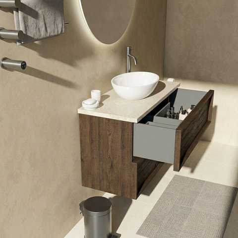 Saniclass Holz Frame Ensemble de meuble de salle de bains - 100x45x63cm - Plan de travail en pierre naturelle travertin - 1 trou de robinet - 2 tiroirs - chêne charcoal mat (bois) SW1580033