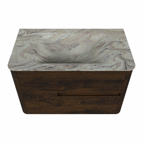 Mondiaz CIRO-DLUX Meuble de salle de bains - 80x45x50cm - Plan vasque solid surface Glace - 1 lavabo central - 1 trou de robinet - 2 tiroirs - Noyer SW1530219