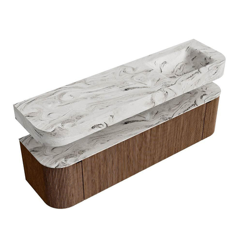 MONDIAZ THOR-DLUX 170cm meuble de salle de bains arrondi gauche + droite couleur Walnut avec 1 tiroir et 2 portes. Vasque suspendue CLOUD Droite 1 trou de robinet couleur Glace. SW1465585