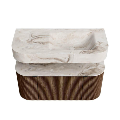 MONDIAZ THOR-DLUX 100cm meuble de salle de bains arrondi gauche + droite couleur Walnut avec 1 tiroir et 2 portes. Vasque suspendue CLOUD droite sans trou de robinet couleur Frappe. SW1467332