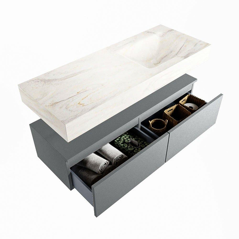 Mondiaz ALAN-DLUX Ensemble de meuble - 120cm - meuble Plata mat - 2 tiroirs - Lavabo Cloud Ostra suspendu - vasque droite - 0 trous de robinet SW807952