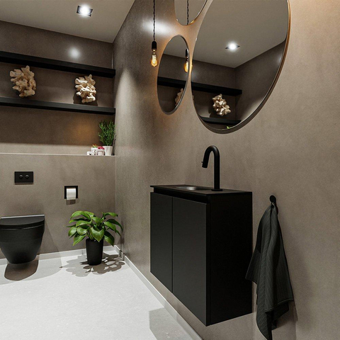 MONDIAZ TURE Fonteinset - 60x23x50cm - 1 kraangat - 2 deuren - urban mat - Wasbak midden - Solid Surface Zwart SW475251