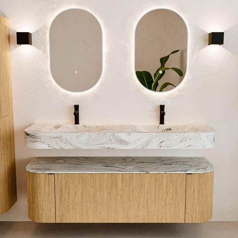 MONDIAZ THOR-DLUX 150cm badmeubel ronding links + rechts kleur Oak met 1 lade en 2 deuren. Vrijhangende wastafel CLOUD Dubbel 2 kraangaten kleur Glace. SW1464586