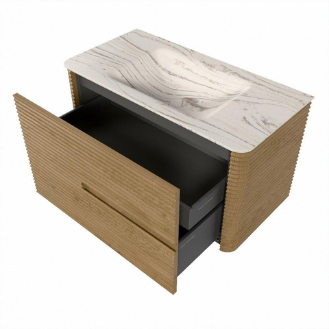 Mondiaz CIRO-DLUX Ensemble de meubles de salle de bains - 90x45x50cm - vasque en solid surface Nata - 1 lavabo au milieu - sans trous de robinet - 2 tiroirs - Chêne SW1531446