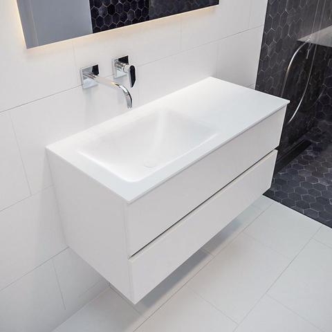MONDIAZ VICA Badkamermeubelset - 100cm - 2 lades - wasbak Cloud links - 0 kraangaten - solid surface talc OUTLETSTORE STORE44597