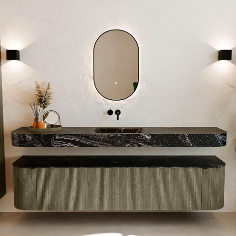 MONDIAZ THOR-DLUX 200cm meuble de salle de bains arrondi gauche + droite couleur Shadow avec 2 tiroirs et 2 portes. Vasque suspendue CLOUD Milieu sans trou de robinet couleur Lava. SW1467027