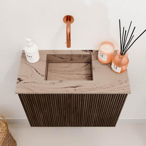 Mondiaz JOYA-DLUX 50cm toiletmeubel - kleur Walnut - Wastafel FAYE positie Links Zonder kraangat kleur Arena. SW1424324