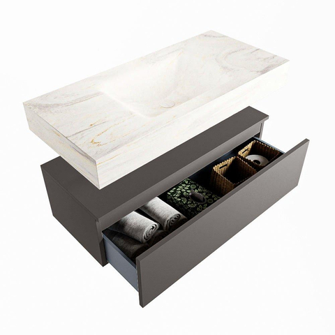 Mondiaz ALAN-DLUX Ensemble de meuble - 100cm - meuble Dark grey mat - 1 tiroir - Lavabo Cloud Ostra suspendu - vasque Centre - 1 trou de robinet SW807213