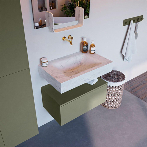Mondiaz ALAN-DLUX Ensemble de meuble - 70cm - meuble Army mat - 1 tiroir - Lavabo Cloud Opalo suspendu - vasque Centre - 0 trous de robinet SW806770