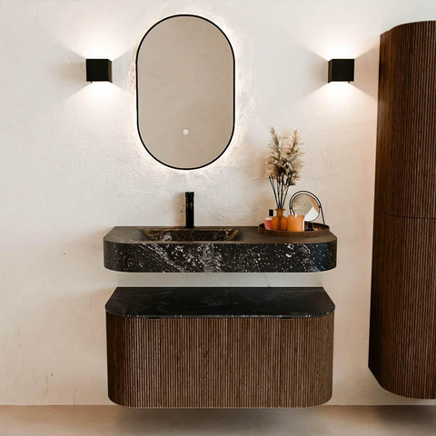 MONDIAZ THOR-DLUX Meuble de salle de bains - 100cm - arrondi gauche + droite - couleur Walnut - 1 tiroir et 2 portes - Vasque suspendue CLOUD gauche 1 trou de robinet couleur Lava SW1467376