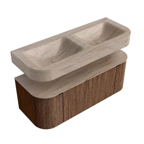 MONDIAZ THOR-DLUX 120cm badmeubel ronding links + rechts kleur Walnut met 1 lade en 2 deuren. Vrijhangende wastafel CLOUD Dubbel 2 kraangaten kleur Saba. SW1463478