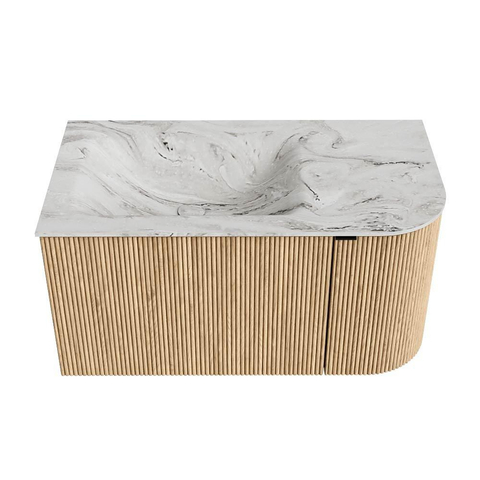 MONDIAZ KURVE-DLUX meuble de salle de bains 85cm avec module 25 R couleur chêne avec 1 tiroir et 1 porte. Vasque CLOUD gauche sans trou de robinetterie couleur Glace. SW1137920