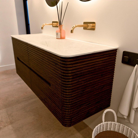 Mondiaz CIRO-DLUX Badkamermeubelset - 130x45x50cm - Solid surface wastafel Opalo - 2 wasbak Dubbel - zonder kraangaten - 4 lades - Walnut SW1530500