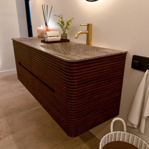 Mondiaz CIRO-DLUX Meuble de salle de bains - 130x45x50cm - Plan vasque Solid surface Oza - 1 vasque à droite - 1 trou de robinet - 4 tiroirs - Ruby SW1532141