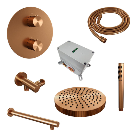 BRAUER Stripe Douche de tête thermostatique encastrée - 3 voies - ronde - SET 37 - pomme de douche 25cm - bras mural droit - douchette à main barre - flexible de douche - coude de raccord mural - cuivre brossé PVD SW1434935