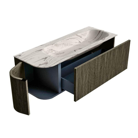 MONDIAZ KURVE-DLUX 125cm badmeubel ronding Links kleur Shadow met 1 lade en 1 deur. Wastafel BIG MEDIUM Rechts zonder kraangat Nata. SW1432288