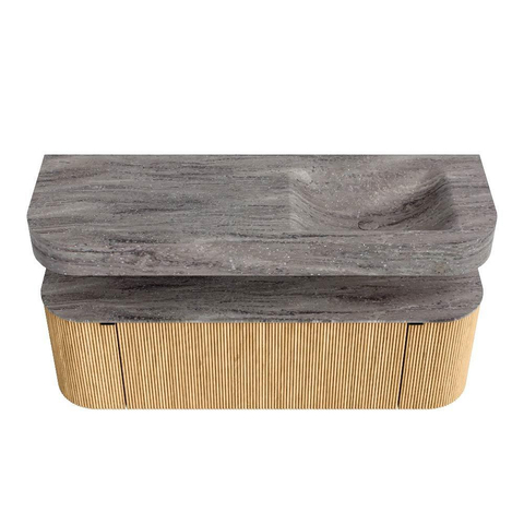 MONDIAZ THOR-DLUX 140cm badmeubel ronding links + rechts kleur Oak met 1 lade en 2 deuren. Vrijhangende wastafel CLOUD Rechts 1 kraangat kleur Oza. SW1464262