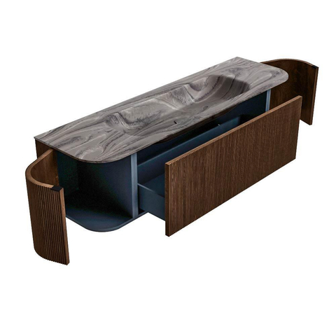 MONDIAZ KURVE-DLUX Meuble de salle de bains 160cm arrondi Gauche + Droite couleur Walnut avec 1 tiroir et 2 portes. Plan-vasque BIG MEDIUM Central 1 trou de robinet Sombra. SW1433679