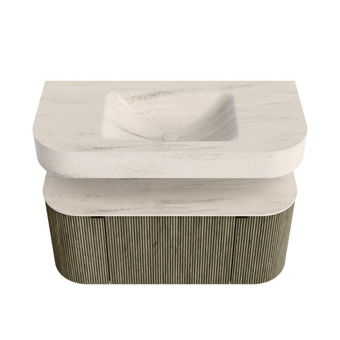 MONDIAZ THOR-DLUX 100cm meuble de salle de bains arrondi gauche + droite couleur Shadow avec 1 tiroir et 2 portes. Vasque suspendue CLOUD Centre sans trou de robinet couleur Meli. SW1467489