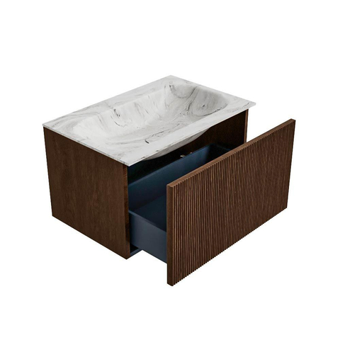 MONDIAZ KURVE-DLUX Meuble de salle de bains 70cm couleur Walnut avec 1 tiroir. Lavabo BIG SMALL central sans trou de robinet couleur Glace. SW1138011