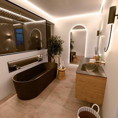 Mondiaz CIRO-DLUX Meuble de salle de bains - 140x45x50cm - Plan vasque solid surface Lava - 1 lavabo à droite - sans trous de robinetterie - 4 tiroirs - Chêne SW1531015