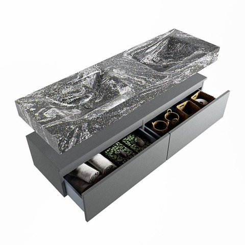 Mondiaz ALAN-DLUX Ensemble de meuble - 150cm - meuble Plata mat - 2 tiroirs - Lavabo Cloud Lava suspendu - vasque Gauche et droite - 2 trous de robinet SW808558