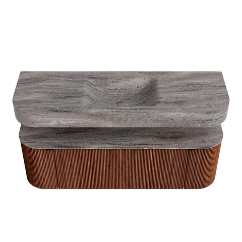 MONDIAZ THOR-DLUX 140cm meuble de salle de bains arrondi gauche + droite couleur Ruby avec 1 tiroir et 2 portes. Vasque suspendue CLOUD Milieu 1 trou de robinet couleur Oza. SW1464295