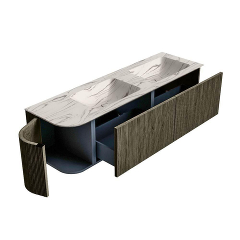 MONDIAZ KURVE-DLUX Meuble de salle de bains 155 cm arrondi à gauche couleur Shadow avec 2 tiroirs et 1 porte. Lavabo LEAF Double / à droite sans trou de robinet Nata. SW1432332