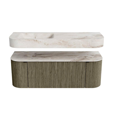 MONDIAZ THOR-DLUX 130cm badmeubel ronding links + rechts kleur Shadow met 1 lade en 2 deuren. Vrijhangende wastafel CLOUD Links zonder kraangat kleur Frappe. SW1463735