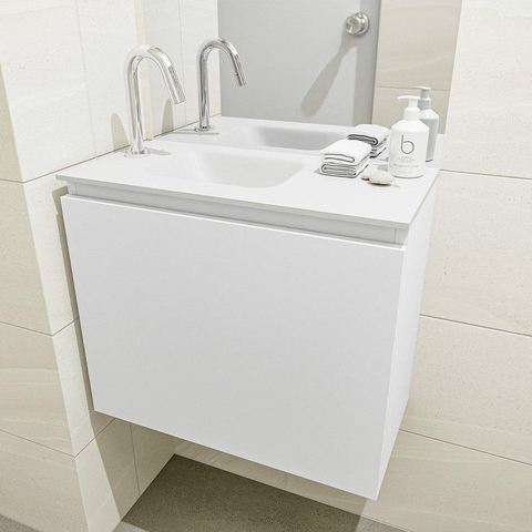 MONDIAZ OLAN Toiletmeubel 60x30x40cm met 1 kraangaten 1 lades talc mat Wastafel Lex links Solid Surface Wit SW473186