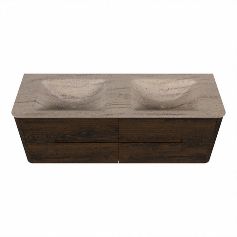 Mondiaz CIRO-DLUX Badkamermeubelset - 140x45x50cm - Solid surface wastafel Saba - 2 wasbak Dubbel - 2 kraangaten - 4 lades - Walnut SW1530690