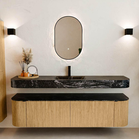 MONDIAZ THOR-DLUX 180cm meuble de salle de bains arrondi gauche + droite couleur Oak avec 2 tiroirs et 2 portes. Vasque suspendue CLOUD Milieu 1 trou de robinet couleur Lava. SW1465891