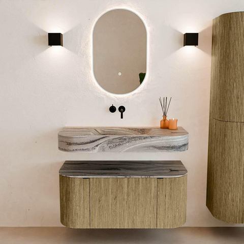 MONDIAZ THOR-DLUX 100cm meuble de salle de bains arrondi gauche + droite couleur Dusk avec 1 tiroir et 2 portes. Vasque suspendue CLOUD Centre sans trou de robinet couleur Sombra. SW1467619