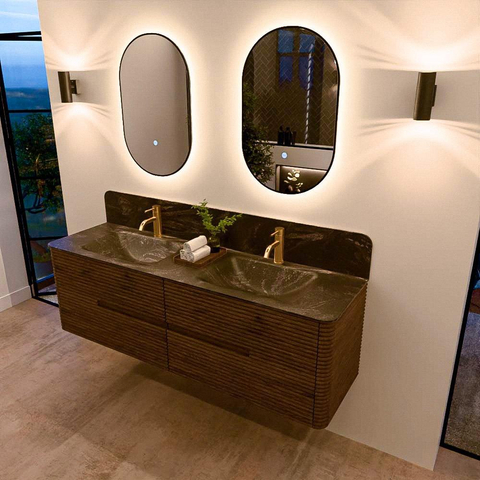 Mondiaz CIRO-DLUX Badkamermeubelset - 160x45x50cm - Solid surface wastafel Lava - 2 wasbak Dubbel - 2 kraangaten - 4 lades - Dusk SW1533059