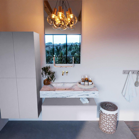 Mondiaz ALAN-DLUX Ensemble de meuble - 100cm - meuble Cale mat - 1 tiroir - Lavabo Cloud Glace suspendu - vasque Gauche - 0 trous de robinet SW806109