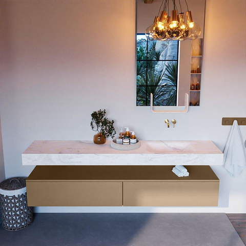 Mondiaz ALAN-DLUX Ensemble de meuble - 200cm - meuble - Oro mat - 2 tiroirs - Lavabo Cloud Ostra suspendu - vasque droite - 0 trous de robinet - Beige SW807801