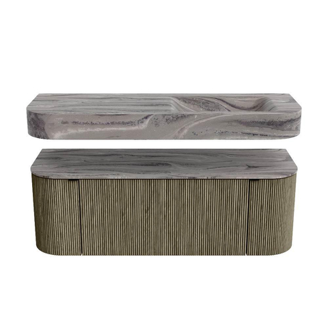 MONDIAZ THOR-DLUX 130cm meuble de salle de bains arrondi gauche + droite couleur Shadow avec 1 tiroir et 2 portes. Vasque suspendue CLOUD droite sans trou de robinet couleur Sombra. SW1463950