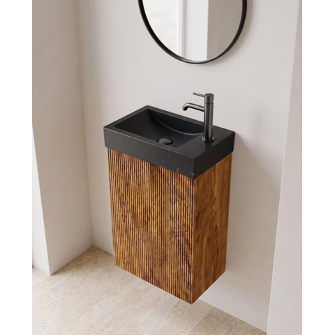 Saniclass Holz Atelier Toiletmeubelset - 40x60.5cm - 1 deur - fontein natuursteen donker - kraangat rechts - walnut pure SW1577765