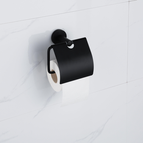 FugaFlow Eccelente Ensemble accessoires toilettes 5 pièces - porte-rouleau de papier toilette - porte-rouleau de réserve - porte-brosse WC - crochet porte-serviette - poubelle à pédale - noir mat SW1450719