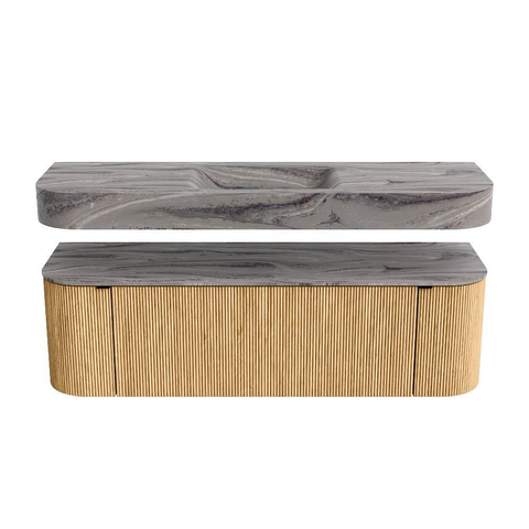 MONDIAZ THOR-DLUX 150cm meuble de salle de bains arrondi gauche + droite couleur Oak avec 1 tiroir et 2 portes. Vasque suspendue CLOUD Milieu 1 trou de robinet couleur Sombra. SW1464912