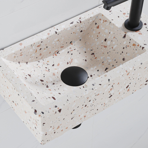FugaFlow Eccelente Pietra Ensemble fontaine - 40x22x10cm - trou de robinet à droite - robinet de fontaine noir mat - bouchon de vidange - siphon abaissé - beige mat SW1468971