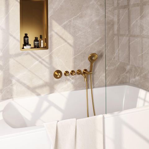 Robinet de baignoire encastré Brauer Gold Edition - ensemble de douche - sortie de 20 cm - avec partie encastrable - 3 boutons lisses - douchette ronde 3 positions - PVD - or brossé SW547647