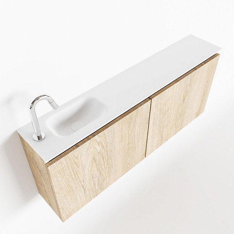 MONDIAZ TURE Fonteinset - 120x23x50cm - 1 kraangat - 2 deuren - washed oak mat - Wasbak links - Solid Surface Wit SW475145