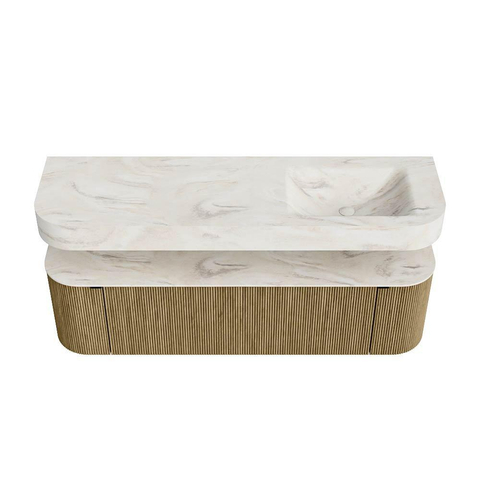 MONDIAZ THOR-DLUX 160cm meuble de salle de bains arrondi gauche + droite couleur Dusk avec 1 tiroir et 2 portes. Vasque suspendue CLOUD Droite sans trou de robinet couleur Ostra. SW1465242