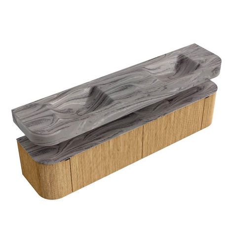 MONDIAZ THOR-DLUX 200cm meuble de salle de bains arrondi gauche + droite couleur Oak avec 2 tiroirs et 2 portes. Vasque suspendue CLOUD Double 2 trous de robinet couleur Sombra. SW1467255