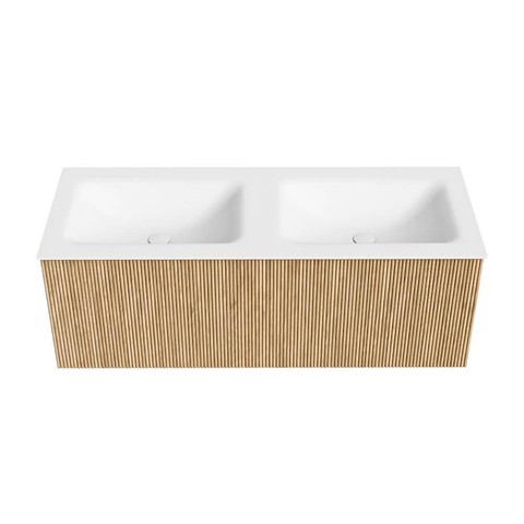 MONDIAZ KURVE Meuble de salle de bains 120 cm couleur Oak avec 1 tiroir. Lavabo CLOUD double sans trou de robinet Talc. SW1138209