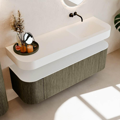 MONDIAZ THOR 150cm meuble de salle de bains arrondi gauche + droite couleur Shadow avec 1 tiroir et 2 portes. Vasque suspendue CLOUD Droite sans trou de robinet couleur Talc. SW1464488